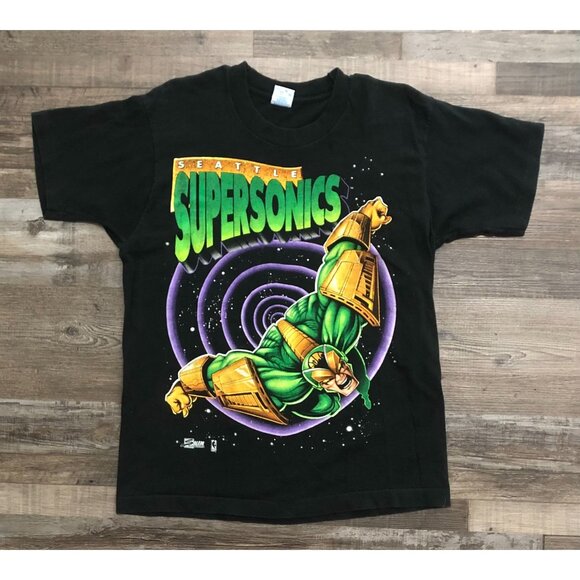 Vintage Vtg 90s NBA Seattle Supersonics Super Hero Mens Medium Black T Shirt - Picture 1 of 10
